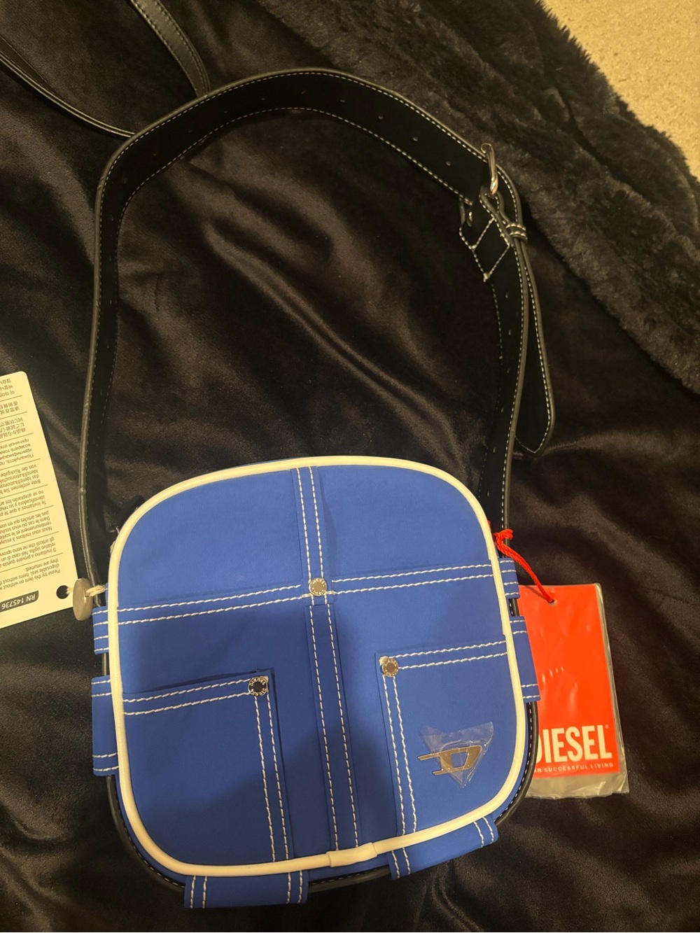 Diesel Blue Cross-Stitch Compact Shoulder Bag with White Piping